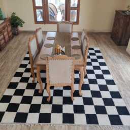 Handwoven Wool Checkerboard Rug, Black & White Moroccan Style - thumbnail 3