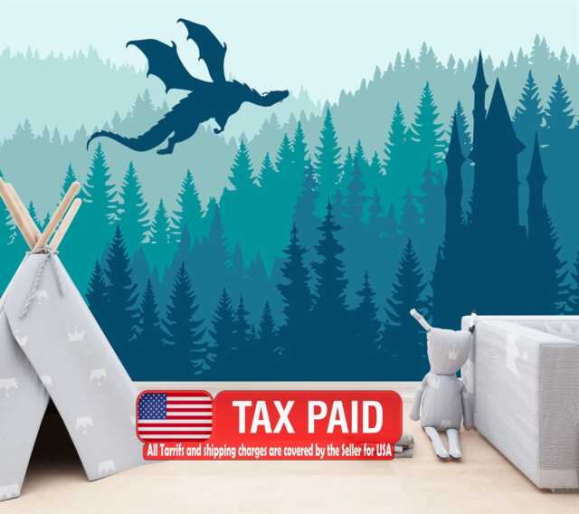 Green Forest Dragon Castle Nursery Wallpaper Mural, Peel & Stick Decal ...