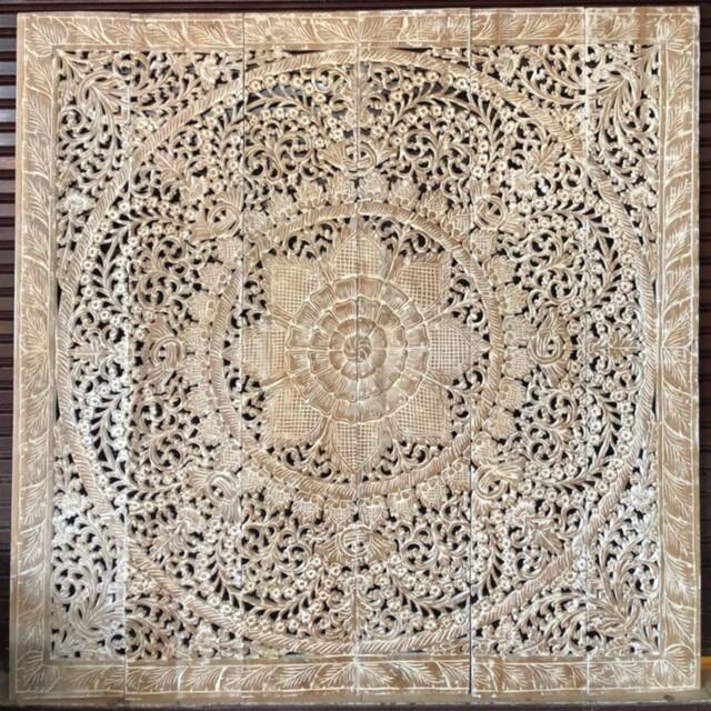 Large Wood Wall Art King Size Bed Sculpture Bohemian Headboard Decorative Flower Mandala Wooden Hand Craved Teak Panels White Washed Decor - image 1