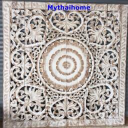 Large Wood Wall Art King Size Bed Sculpture Bohemian Headboard Decorative Flower Mandala Wooden Hand Craved Teak Panels White Washed Decor - thumbnail 2