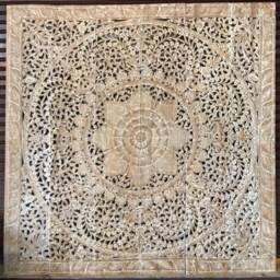 Large Wood Wall Art King Size Bed Sculpture Bohemian Headboard Decorative Flower Mandala Wooden Hand Craved Teak Panels White Washed Decor