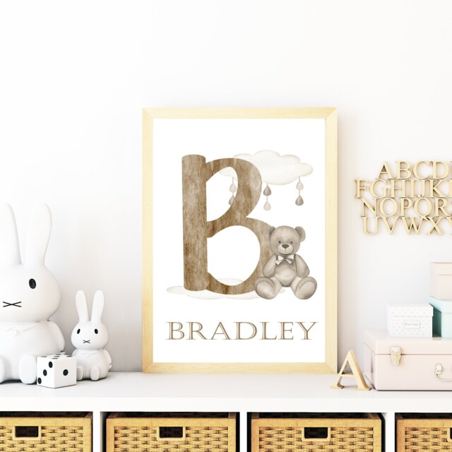 Baby Initial Wall Art, Personalised Bear Print, Unisex Nursery Decor, Boho Bear, New Gift, Teddy - image 1