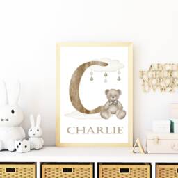 Baby Initial Wall Art, Personalised Bear Print, Unisex Nursery Decor, Boho Bear, New Gift, Teddy - thumbnail 2