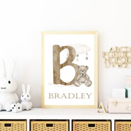 Baby Initial Wall Art, Personalised Bear Print, Unisex Nursery Decor, Boho Bear, New Gift, Teddy - thumbnail 1