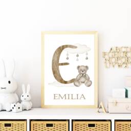 Baby Initial Wall Art, Personalised Bear Print, Unisex Nursery Decor, Boho Bear, New Gift, Teddy - thumbnail 3