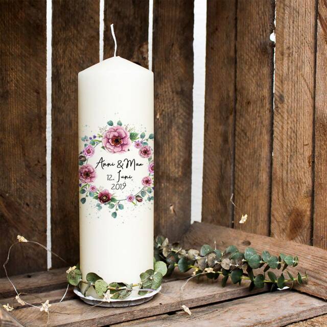 Wedding Candle For Wedding Ceremony Marriage With Flower Wreath Peonies Desired Name & Date Wk100 - image 1