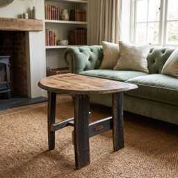 Half Moon Whiskey Barrel Coffee Table - Reclaimed Rustic Farmhouse Side - thumbnail 1