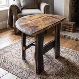 Half Moon Whiskey Barrel Coffee Table - Reclaimed Rustic Farmhouse Side - thumbnail 2