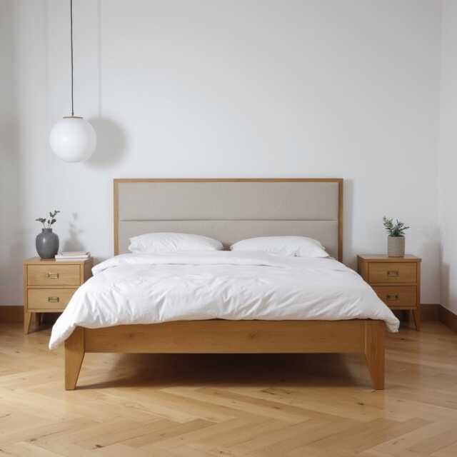Handmade Solid Oak Bed Frame Minimalist Linen Headboard, Scandinavian Design - image 1