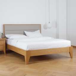 Handmade Solid Oak Bed Frame Minimalist Linen Headboard, Scandinavian Design - thumbnail 3