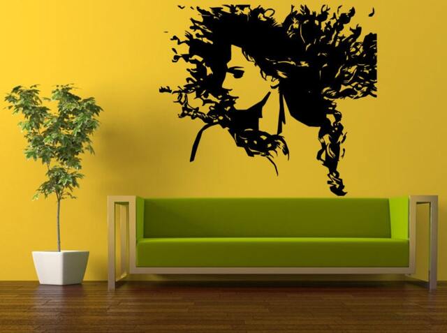 Wall Decal Vinyl Sticker Decals Peal & Stick Cheap Free Shipping Decor Girl Woman Beautiful Face Blowing Hair Salon Spa Barbershop L438 - image 1