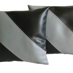 "2 Black & Grey Diagonal Stripe Faux Leather Cushions 16"" 18"" 20" - thumbnail 2