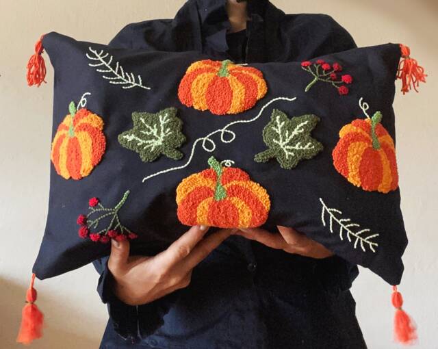 Hand Tufted Pumpkin Pattern Pillow Cover, Punch Needle , Hallowen Decorative Embroidered Cushion Cover, Fun Home Decor Rug - image 1