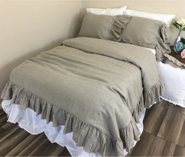 Dark Linen Duvet Cover With Mermaid Long Ruffles, Natural in Dark Shade, No Dye, Coloring, Linen Bedding, Shabby Chic Bedding - image 1