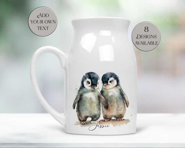 Personalised Watercolour Penguin Milk Jug - Custom Flower Vase Anniversary Kitchenware - image 1