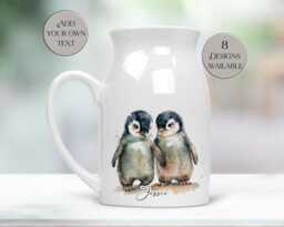 Personalised Watercolour Penguin Milk Jug - Custom Flower Vase Anniversary Kitchenware - thumbnail 1