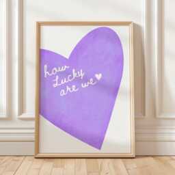 How Lucky Are We Wall Print, Purple Heart Retro Trendy Girls Art, Girly Coquette Print Bedroom Art Quote - thumbnail 1
