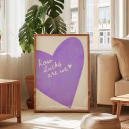 How Lucky Are We Wall Print, Purple Heart Retro Trendy Girls Art, Girly Coquette Print Bedroom Art Quote - thumbnail 3