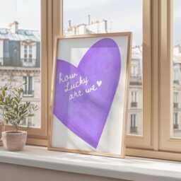 How Lucky Are We Wall Print, Purple Heart Retro Trendy Girls Art, Girly Coquette Print Bedroom Art Quote - thumbnail 2