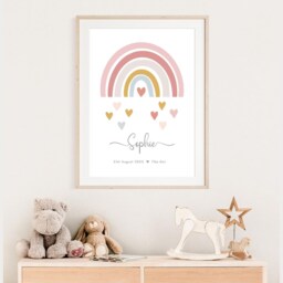 Personalised Rainbow Print, Girls Name Nursery Bedroom Wall Art, Pastel Pink Heart Poster, Boys Decor - thumbnail 2