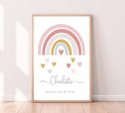 Personalised Rainbow Print, Girls Name Nursery Bedroom Wall Art, Pastel Pink Heart Poster, Boys Decor - thumbnail 1