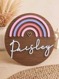 Children's Name Sign, Rainbow Wall Plaque, Kids Room Decor - thumbnail 1