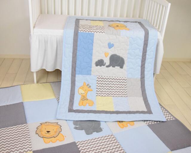 Baby Blue Blanket Elephant Boy Quilt, Crib Safari Bedding, Yellow Giraffe, Lion Gray Blanket - image 1