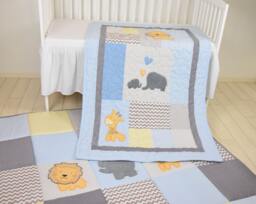 Baby Blue Blanket Elephant Boy Quilt, Crib Safari Bedding, Yellow Giraffe, Lion Gray Blanket - thumbnail 1