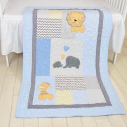 Baby Blue Blanket Elephant Boy Quilt, Crib Safari Bedding, Yellow Giraffe, Lion Gray Blanket - thumbnail 2