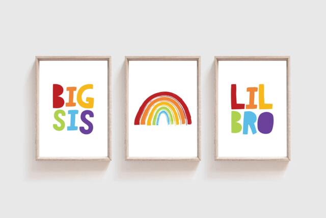 Set Of 3 Big Sis Lil Bro Prints, Rainbow Wall Art, Playroom Brother Sister Sibling Prints - image 1