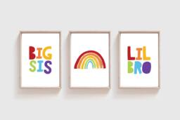 Set Of 3 Big Sis Lil Bro Prints, Rainbow Wall Art, Playroom Brother Sister Sibling Prints - thumbnail 1