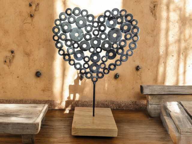 Handcrafted Brushed Steel Heart Sculpture Custom Brass Plaque, Irish Oak Base - image 1