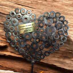 Handcrafted Brushed Steel Heart Sculpture Custom Brass Plaque, Irish Oak Base - thumbnail 3
