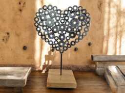 Handcrafted Brushed Steel Heart Sculpture Custom Brass Plaque, Irish Oak Base - thumbnail 1