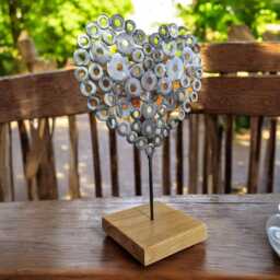 Handcrafted Brushed Steel Heart Sculpture Custom Brass Plaque, Irish Oak Base - thumbnail 4