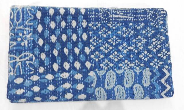 Handmade Indian Indigo Kantha Quilt, Cotton Bedspread Throw - image 1