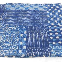 Handmade Indian Indigo Kantha Quilt, Cotton Bedspread Throw - thumbnail 3
