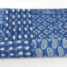 Handmade Indian Indigo Kantha Quilt, Cotton Bedspread Throw - thumbnail 2