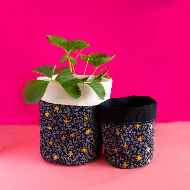 Fabric Plant Cover - Large Pink Cats Canvas Fabric Basket-Black & Pot - image 1