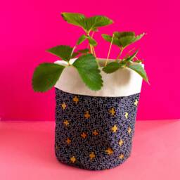 Fabric Plant Cover - Large Pink Cats Canvas Fabric Basket-Black & Pot - thumbnail 2