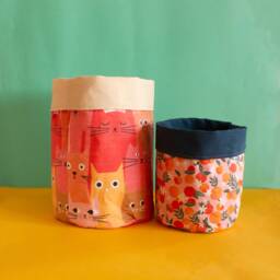 Fabric Plant Cover - Large Pink Cats Canvas Fabric Basket-Black & Pot - thumbnail 4