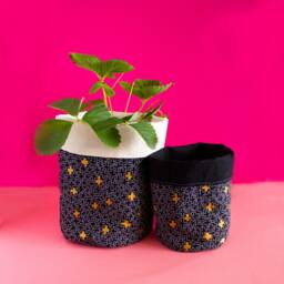 Fabric Plant Cover - Large Pink Cats Canvas Fabric Basket-Black & Pot