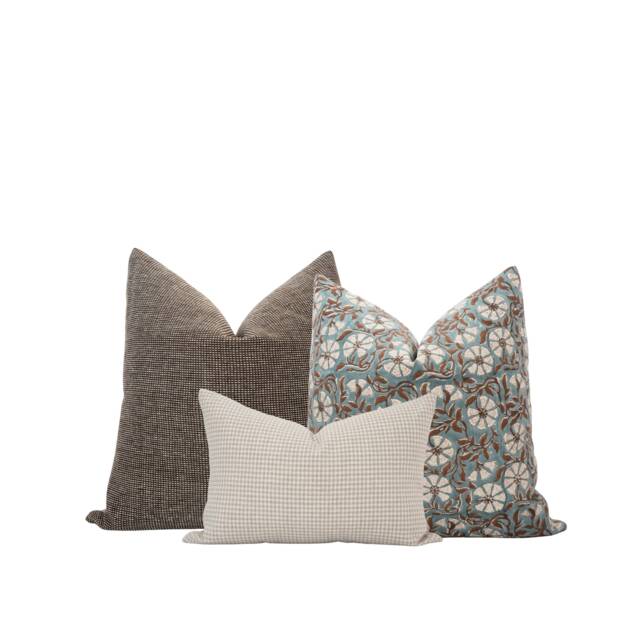 Brown & Blue Pillow Cover Set Block Print Gingham Floral Farmhouse Spring - image 1