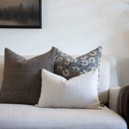 Brown & Blue Pillow Cover Set Block Print Gingham Floral Farmhouse Spring - thumbnail 3