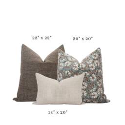 Brown & Blue Pillow Cover Set Block Print Gingham Floral Farmhouse Spring - thumbnail 2