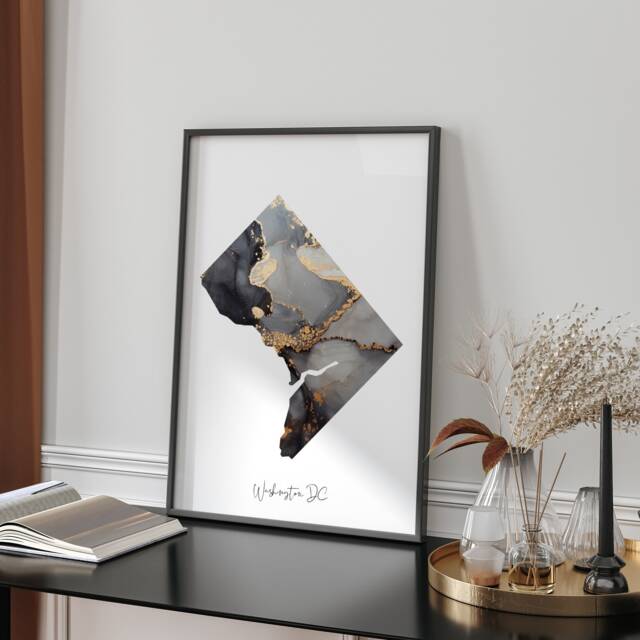 Washington Dc Map Black & Gold Wall Art Print - District Of Columbia Usa United States America [Ev] - image 1