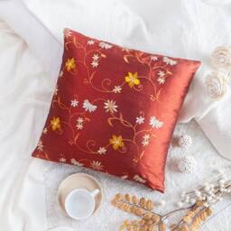 Cinnamon Copper Throw Pillow Cover, Silk Decorative Cushion Covers, Accent Toss Floral Embroidered Pillowcase, Farmhouse Designer Pillows - thumbnail 2