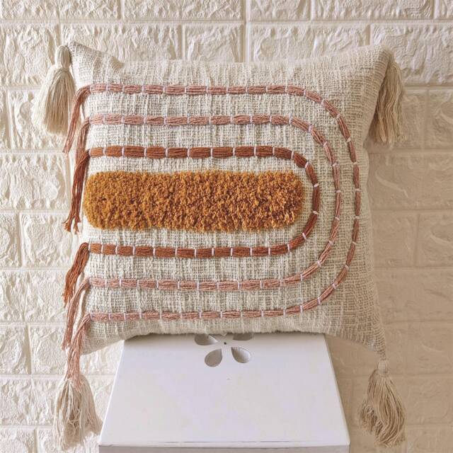Ivory Mustard Yellow Rust Orange & Blush Pink 100% Raw Cotton Fabric Embroidered Tufted Textured Boho Lumber Pillow Case 18x18 Cushion Cover - image 1