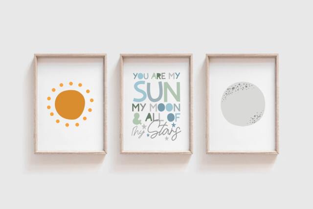 Set Of 3 Nursery Prints, Boys Wall Art, Playroom Sun & Moon Print, Quotes, Bedroom Decor - image 1