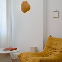 Led Wall Light Clover, Decor For Living Room, Paper Mache Sconce Farmhouse in Golden Ocher Colour - thumbnail 3
